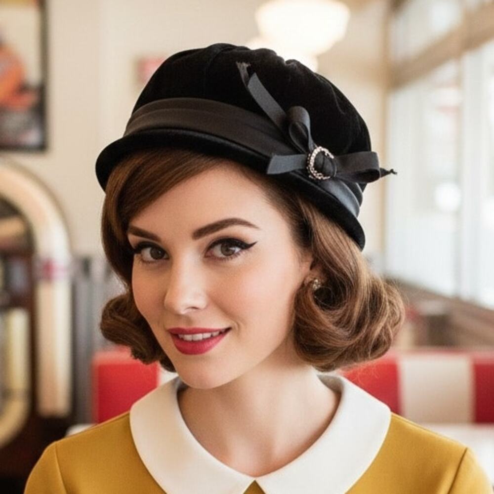 Vintage Black Velvet Martha Gene Pillbox Hat